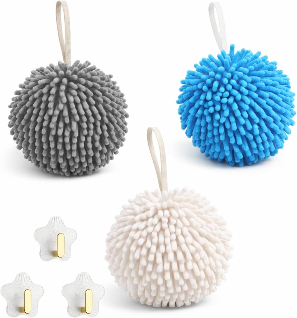 Chenille Ball Hand Towels Set of 3  Soft, Absorbent, Quick-Dry Microfiber Towels with Wall Hook  Fuzzy Ball Hanging Hand Towel Perfect for Bathroom & Kitchen Use