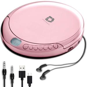 Deluxe Products CD Player Portable with 60 Second Anti Skip, Stereo Earbuds, Includes Aux in Cable and AC USB Power Cable for use at Home or in Car, Pink
