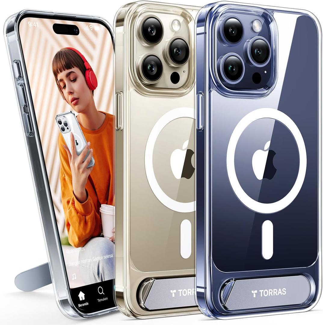TORRAS for iPhone 15 Pro Max Case Diamond Clear | Strong Magnetic & Seamless Stand, Fit for MagSafe, Military-Grade Drop Protection, Sturdy Adjustable Built-in Kickstand, Slim Anti-Yellowing