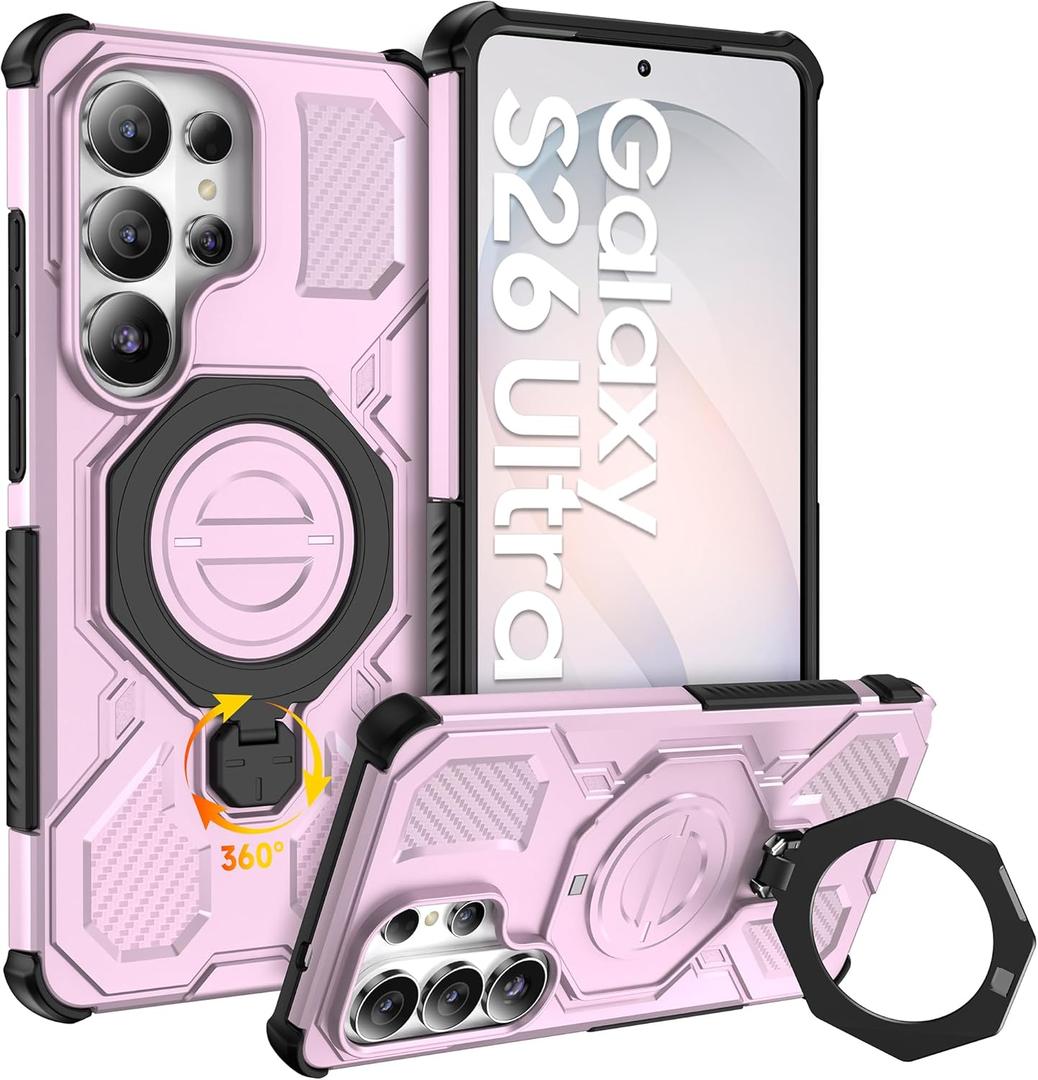 for Samsung Galaxy S26 Ultra Case, [360 Spin Magnetic Stand] [Compatible with MagSafe], Military Grade Protective S26 Ultra Case with Kickstand & Ring Holder, Pink
