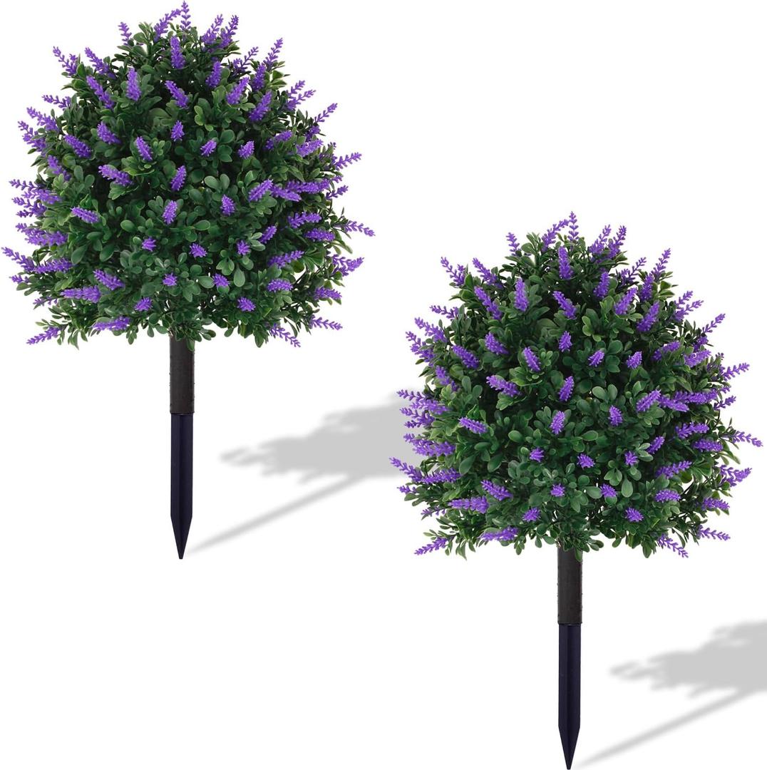 Outdoor Artificial Plants Lavender, UV Resistant Fake Bushes Topiary Boxwood Tree Balls with Ground Spikes for Indoor and Outdoor Porch Yard Farmhouse Terrace Greenery Decoration