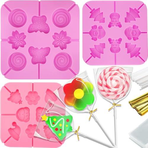 Christmas Silicone Molds Candy Molds Silicone Lollipop Molds Set elk Santa Clause Christmas Tree Xmas hat Butterfly Flower Candy Cane Molds Baking Molds with Lollipop Sticks,Treat Bags and Twist Ties