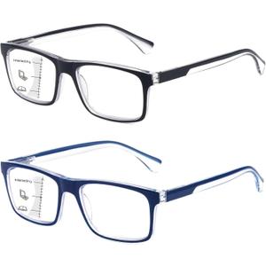 Missfive 2-Pack Mens Light Multifocus Progressive Reading Glasses Blue Light Blocking, Multifocal Spring Hinge No-Line Quality Trifocal Readers Comfort Eyeglasses (Workspace For Near Range, 3.0x)