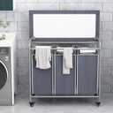 LINZINAR 3 Bag Laundry Basket Sorter Heavy Duty Rolling Lockable Wheels Laundry Hamper Cart with Ironing Board and Removable Bags, Grey