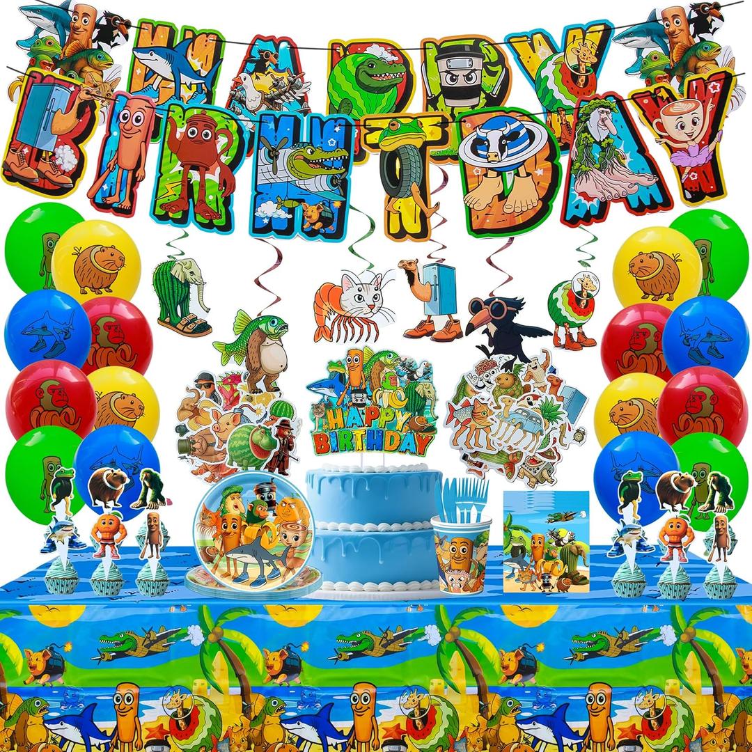 J6&H6 147pcs Italian Brainrot Birthday Party Decorations Set With Happy Birthday Banner, Balloons, Cupcake Toppers,Disposable Cutlery Set For Party Favors(tung tung tung sahur) (Decoration)