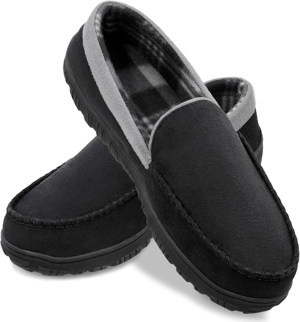 shoeslocker Mens Slippers Microsuede Moccasin Memory Foam House Shoes (10, Black Grey)