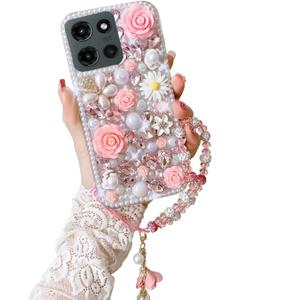 for Moto G 2025/2026,G Play 2026 Bling Case Luxury Cute Diamond Glitter Crystal Rhinestone 3D Rose Flowers Pearl Handmade Phone Cover for Women Girls with Wrist Strap,Pink