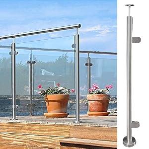 LIUCHONGYANG99 2PCS Glass Stair Railing Post System Stainless Steel 304 Staircase Handrail Balusters with Glass Clamp and Rubbers, Silver Metal Balustrade 110cm Suitable for Stairs, Terraces, Gardens