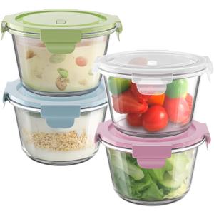 16oz Glass Meal Prep Containers, Airtight 2 Cup Glass Storage Containers with Lids, Heat-Resistant BPA-Free Borosilicate Glass Soup Container for Leftover, Microwave, Dishwasher & Freezer Safe (4 Packs) (Multicolor+ Clear)