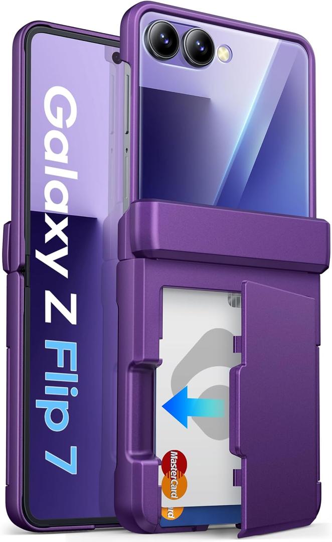 for Samsung Galaxy Z Flip 7 Case Wallet with Card Holder (3 Cards) & Outer Screen Protector & Hinge Protection, Shockproof Rugged Phone Protective Cover Case for Galaxy Z Flip 7, Dark Purple