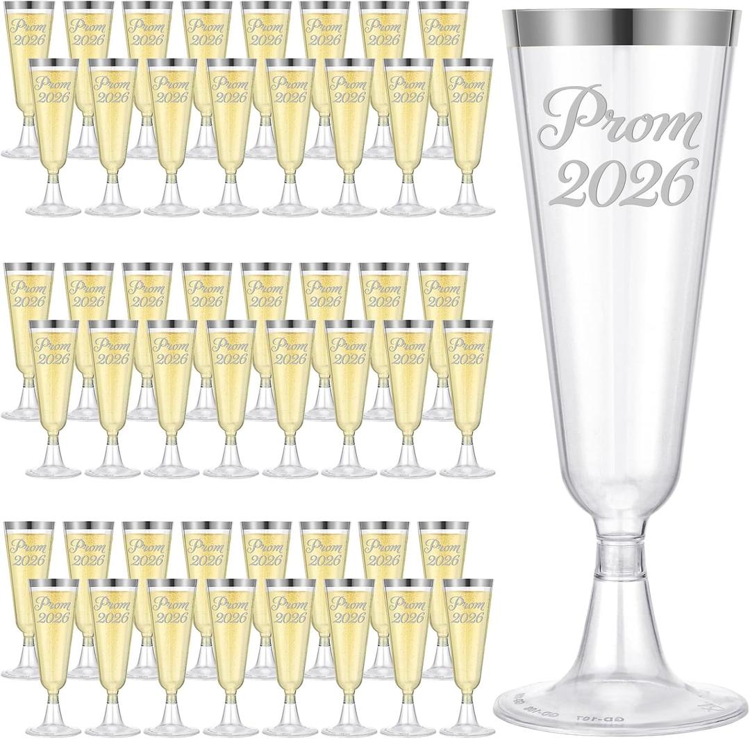 Jingmore 48 Pack Prom 2026 Plastic Graduation Champagne Flutes 5 oz Disposable Graduation Cocktail Cups Transparent Mimosa Glasses Party Favors Drinkware for Graduate Party(Prom 2026,Silver)