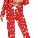 Leikar Button Up Pajama Set For Women Long Sleeve Shirt And Pajama Pants Soft Pjs Lounge Sets (Large, Red Elk)