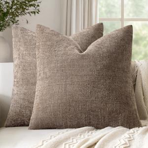 Set of 2 Textured Throw Pillow Covers Decorative Soft Accent Square Chenille Pillowcases Neutral Farmhouse Cushions Modern Home Decor for Couch Sofa Bedroom Living Room 22x22 Inch, Taupe Gray