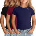 3 Pack Girls Short Sleeve Cute Shirts | Ribbed Knit, Crew Neck, Slim Fit, Summer, Basic, Soft, School Outfit, Trendy, Ages 5-14, Solid Colors, Versatile Styling