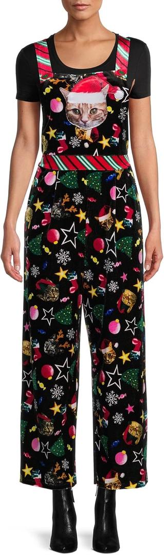 Adults Christmas Velvet Trim Jumpsuit Costume Sleeveless Strap Baggy Overall Xmas Santa Claus Wide Leg Romper Pants (A-multi-color), XL