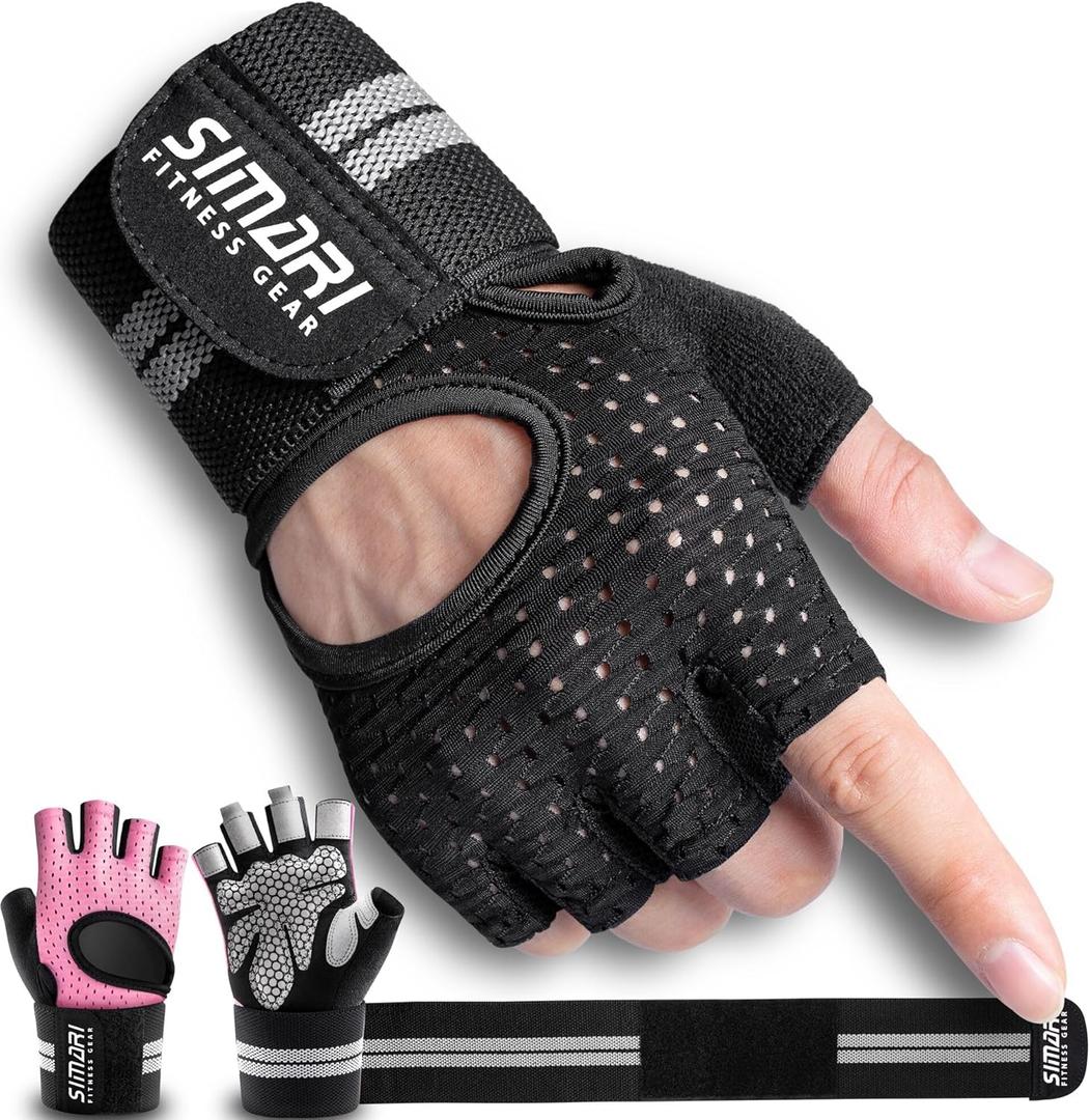 SIMARI Breathable Workout Gloves for Men Women, Padded Weight Lifting Gloves with Wrist Wraps Support, Full Palm Protection, Grip for Gym Training, Fitness, Weightlifting, Exercise Fingerless Black (1a-Ashy Black, XS)