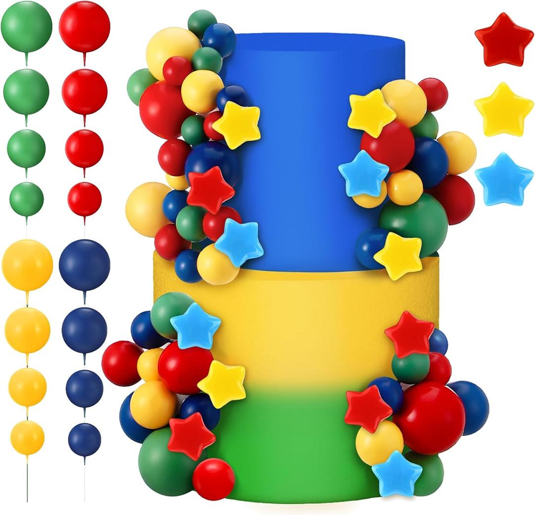 Threehoney 65 PCS Cartoon Cake Topper Decoration Them Birthday Cake Ball Picks with Star and Happy Red Blue Green Yellow Topper for Cartoon Video Game Bro Birthday Party Supplies