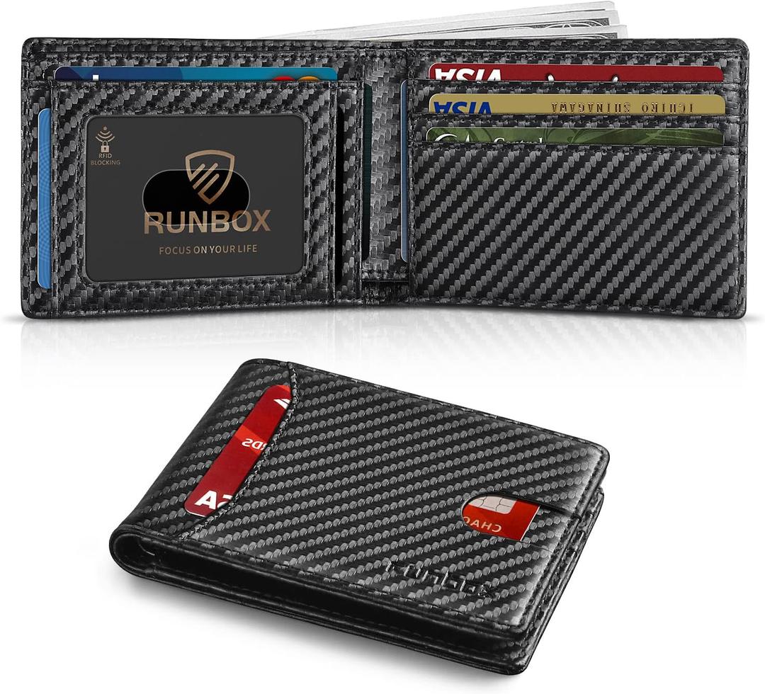 RUNBOX Wallet for Men Slim 11 Credit Card Holder Slots Leather RFID Blocking Small Thin Men's Wallet Bifold Minimalist Front Pocket Large Capacity Gift Box,  0 carbon black