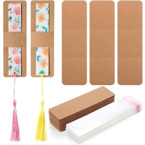 Honoson 100 Set Bookmark Holders Gift Set Kraft Paper Bookmark Sleeves Transparent Self Adhesive Bag DIY Blank Cover Display Cards for Wrapping Small Business Supplies Reading Party Favor