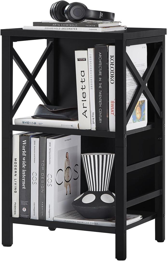 MNEETRUNG Small Bookshelf,3 Tier Industrial Bookcase with Metal Frame and Backboard,Low Black Book Shelf,Book case for Small Spaces,Living Room,Bedroom and Home Office (3-Tier (15.7"W x 11.8"D x 27.6"H))