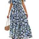 KIRUNDO Spring Summer Wedding Guest Dresses for Women 2026 Boho Floral Short Sleeve V Neck Ruffle Tiered Flowy Maxi Dress (Blue, Medium)