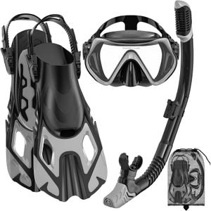 Snorkeling Gear for Adults, Mask Fin Snorkel Set, Dry Top Snorkel, Snorkeling Kit Travel Diving Package, Panoramic View Anti-Fog Anti-Leak Adjustable Swim Fins (Large-X-Large, Gray)
