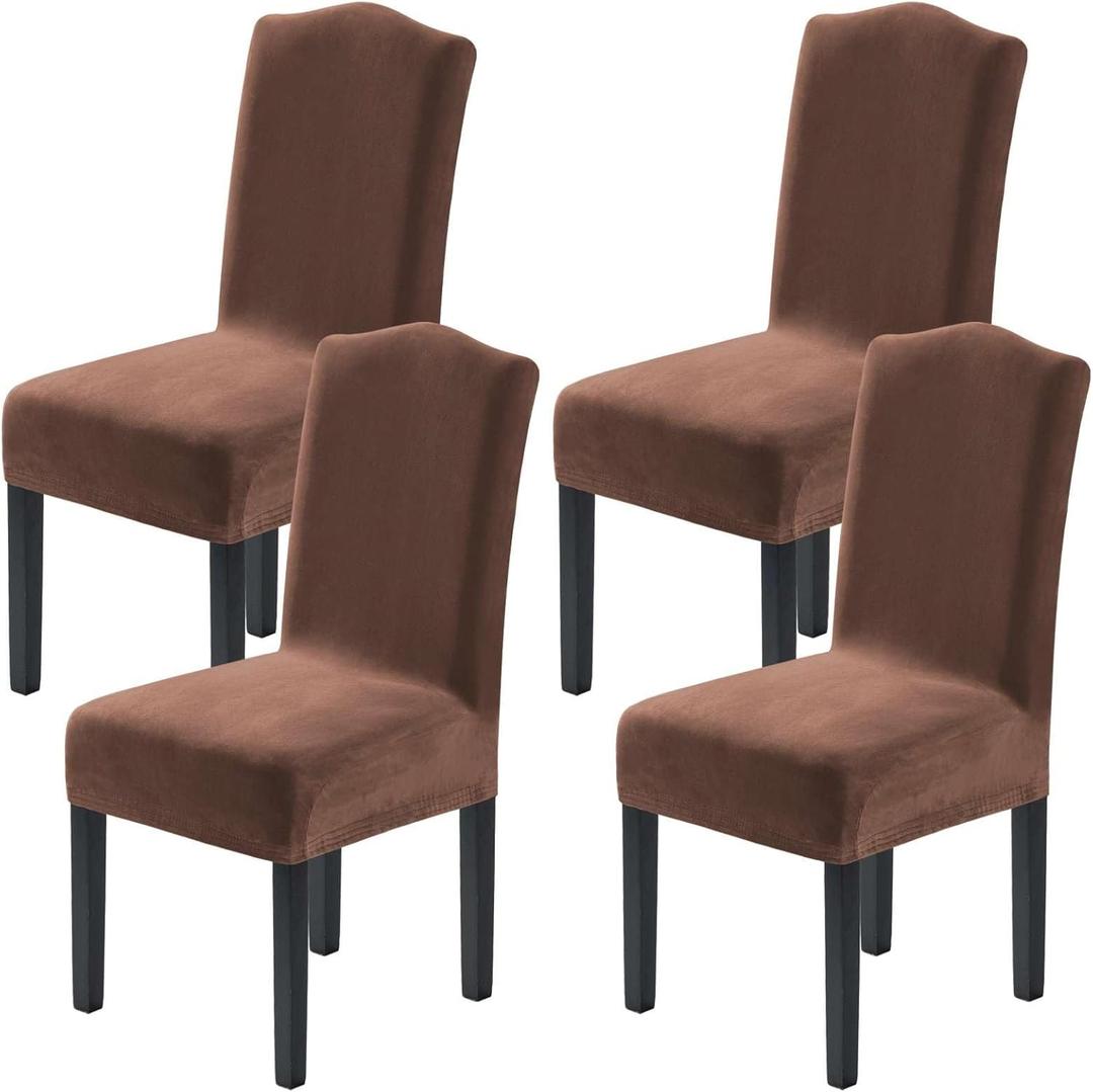 H.VERSAILTEX Velvet Dining Chair Covers Stretch Chair Covers for Dining Room Set of 4 Parson Chair Slipcovers Chair Protectors Covers Dining, Soft Thick Solid Velvet Fabric Washable, Caramel