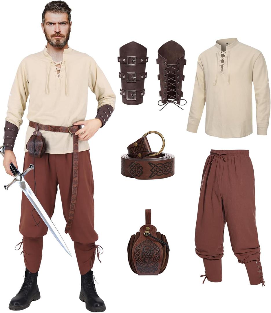 Renaissance Costume Men Medieval Pirate Shirt Ankle Banded Pants with Viking Accessories Pouch Belt Arm Guards (Medium, Brown)