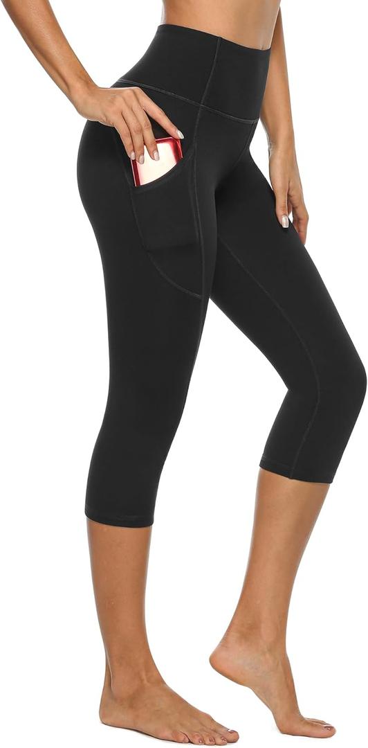 Stelle Women's Capri Yoga Pants with Pockets Essential High Waisted Legging for Workout (Large, Cotton Like Softness-black)