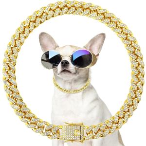 Dog Chain Collar - Cuban Link Diamond Gold Chain for Dogs, Sparkly Metal Pet Necklace for Small Medium Dogs & Cats with Secure Buckle (10 inch)