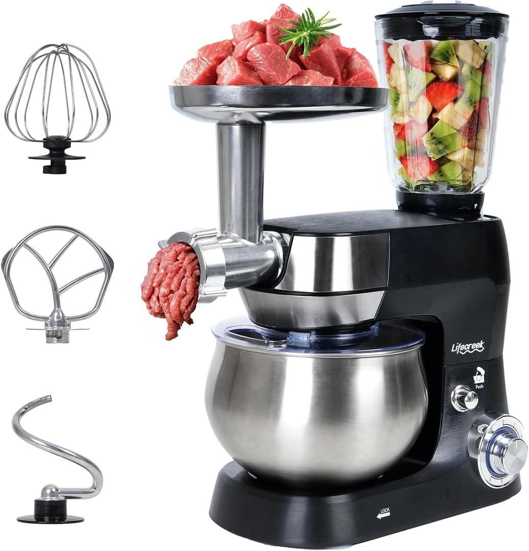 Lifecreek 6-in-1 Multifunctional Stand Mixer, 5.3Qt 660W, 6-Speed Tilt-head, Electric Kitchen Mixer with Stainless Steel Bowl, Meat Grinder, Juice Blender (Black)