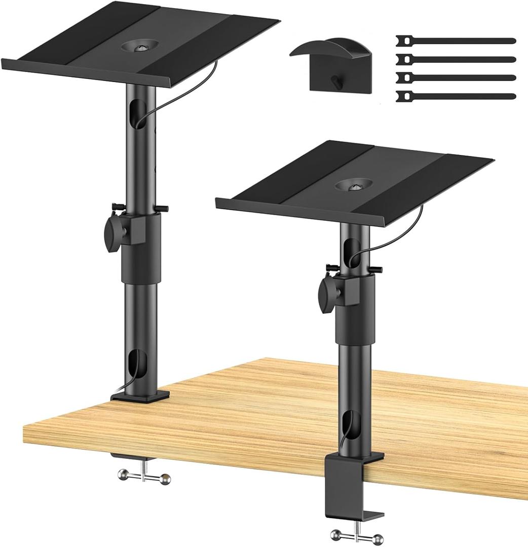 Clamp-on Desk Speaker Stand Pair, Height&Angle Adjustable Desktop Bookshelf Speaker Stands for Samsung Q990D/Q990F, Fit Edifier/KRK/Klipsch/Yamaha Built-in Cable Management WR Headset Hook& Cable Ties