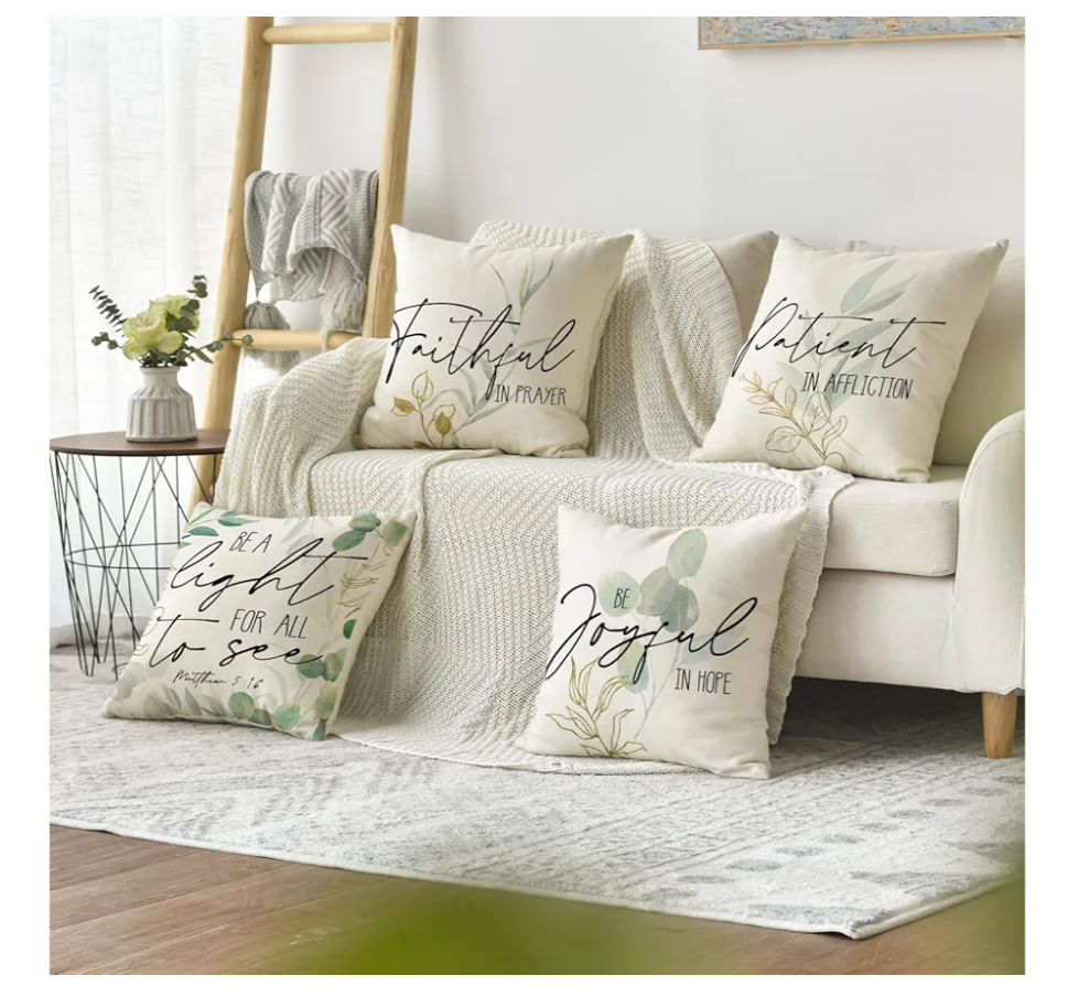 AVOIN colorlife Eucalyptus Leaves Throw Pillow Covers, 18 x 18 Inch Green Leaves Be A Light for All to See Spring Cushion Case Decoration for Sofa Couch Set of 4