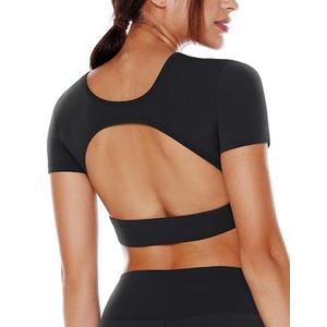 ENERBLOOM Open Back Workout Crop Tops for Women Backless Yoga Shirts Gym Short Sleeve Mild Support Compression Tee with Bra Small Black