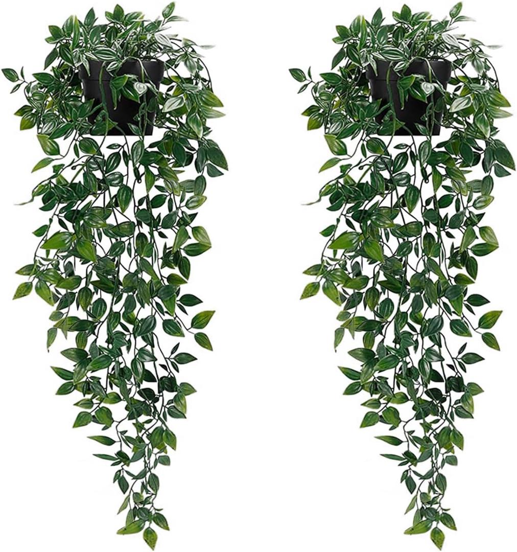 Artificial Hanging Plants, 2pcs artificial plants indoors in pots, Greenery Fake Plants Decor, Small Artificial Plants in Pots, Fake Potted Plants, Faux Plants for Wall Home Room Office Decor