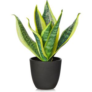 Fake Plant 11.22 Inch Fake Snake Plant Artificial Plants Indoor Sansevieria Faux Plants with Black Pot Artificial Snake Plant for Living Room Bathroom Office Table Centerpieces Shelf Home Decor (Green #14)