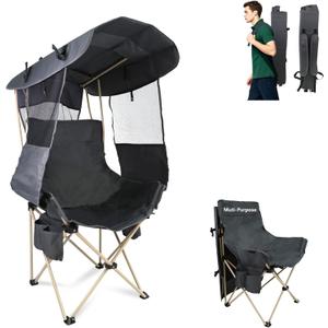 Folding Camping Chairs Canopy Outdoor: Sports Portable Beach Chair with Canopy-Lawn Beach Chairs with Umbrella for Adults-Camping Chair with Shade for Fishing Camp Heavy Duty (Regular, Grey)
