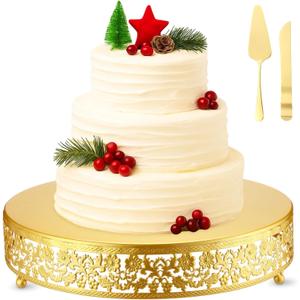 Wenqik 14 Inch Christmas Cake Stand Gold Metal Round Cupcake Dessert Stand with Cake Cutting, Spatula Xmas Cupcake Pastry Display Candy Holder Display for Xmas Wedding Birthday Party(flower, 14 Inch)
