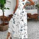 Women's Elegant Sleeveless V Neck Floral Print Long Maxi Dresses High Waist Cocktail Party Evening Tank Flowy Dress (White, L)
