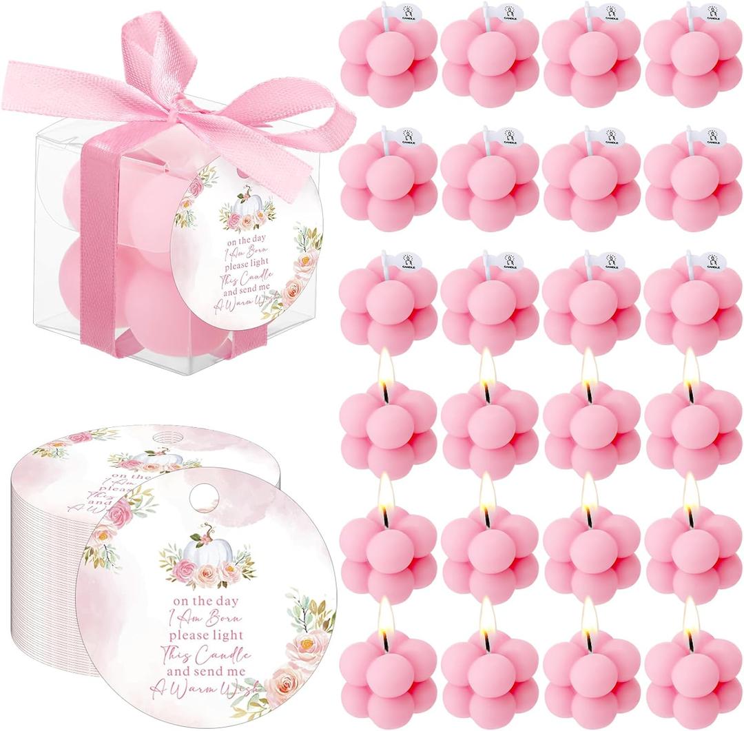 MTLEE 24 Sets Pink Little Pumpkin Baby Shower Favors Pink Small Bubble Candle Baby Shower Favors for Guests Tea Candles Bulk with Stylish Ribbons Cards Gifts Thanksgiving Day Party Decoration
