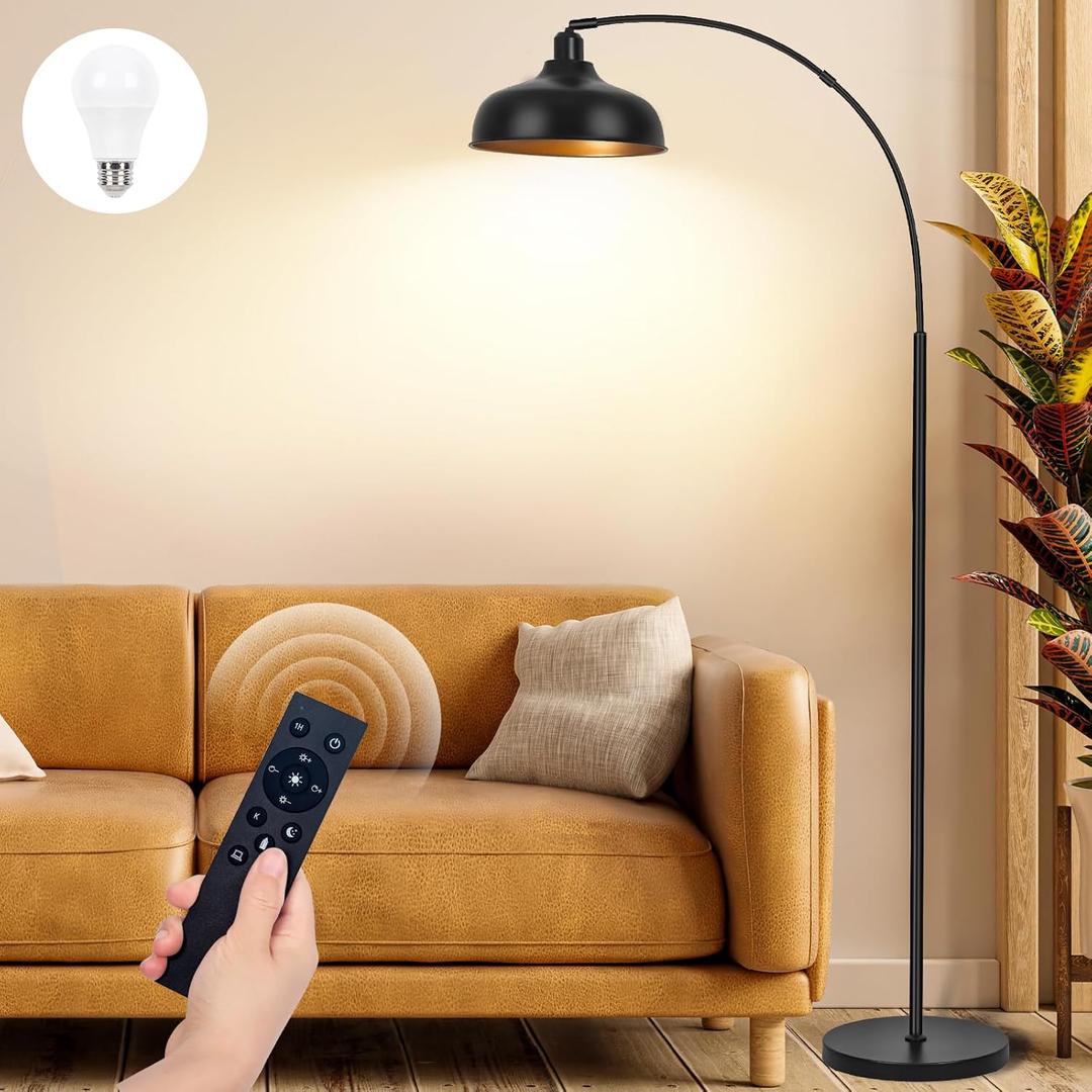 Arch Floor Lamps with Remote - Dimmable Floor Lamp 70, Black Tall Lamp with 360 Adjustable Hanging Metal Shade, Arc Lamps Floor Standing with 9W Bulb, Over Couch Lamps for Living Room, Foot Switch