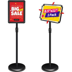 Adjustable Pedestal Sign Holder Stand 8.5''x11'', Floor Standing Poster Sign Stand, Aluminum Frame for Vertical/ Horizontal View Sign Stand, Outdoor/ Indoor Standing Sign Holders(Black, Round)