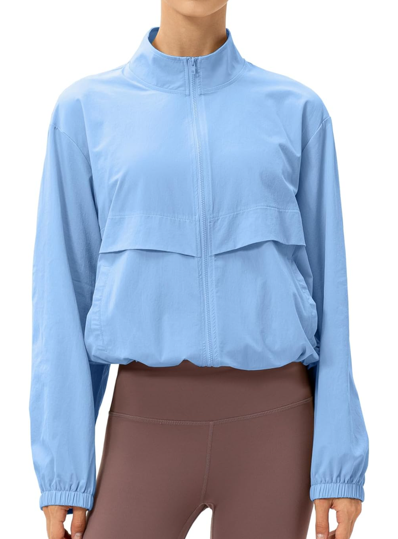 Gacaky Women's Athletic Workout Running Track Full Zip Cropped Jackets UPF 50+ Sun Protection Stand Collar Gym Shirts, L