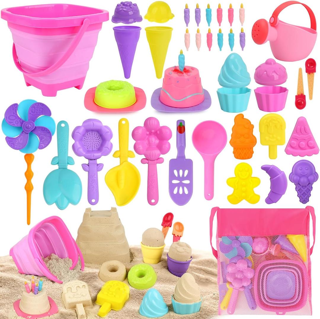 Dreamon Collapsible Beach Toys Set for Kids 3-10, Collapsible Sand Bucket Shovels Set with Mesh Bag and Beach Molds, Ice Cream Sand Toys for Beach, Sandbox Travel Toys for Kids Toddlers Girls