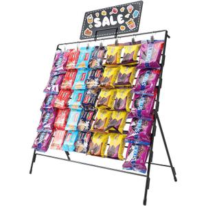 Chip Rack Display Stand with 60 Clips, 7 Rows Snack Retail Display Rack, Chip Bag Holder for Party, Snack Bar Station for Concession Stand, Candy Display (Black)