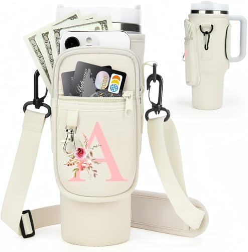 Initial Water Bottle Holder with Strap for Stanley Cup Accessories 40 oz Tumbler/Simple Modern Tumbler Bag, Water Bottle Carrier Bag with Strap,Personalized Valentine's Day Gift for Women,Her & Girls