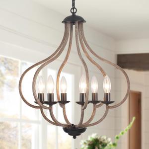 18 Wood Farmhouse Chandelier, 6-Light Vintage Rustic Oak Brown Pendant Lights for Kitchen Island Lighting for Hallway Entryway Foyer Living Room Bedroom (Black)