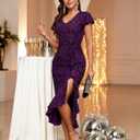 Women Sparkly Dresses Wedding Cocktail Party Ruffle Sleeves Ruched Wrap Sparkly Glitter Dress (Purple, M)