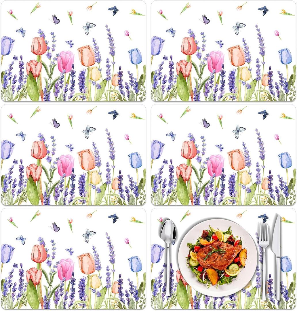 Spring Tulip Placemats Set of 6 Summer Floral Butterfly Plastic Table Mats Lavender Place Mats Washable Vinyl Rustic Holiday Table Decoration for Indoor Outdoor Party Kitchen Dining Table, 16 x 11 inches