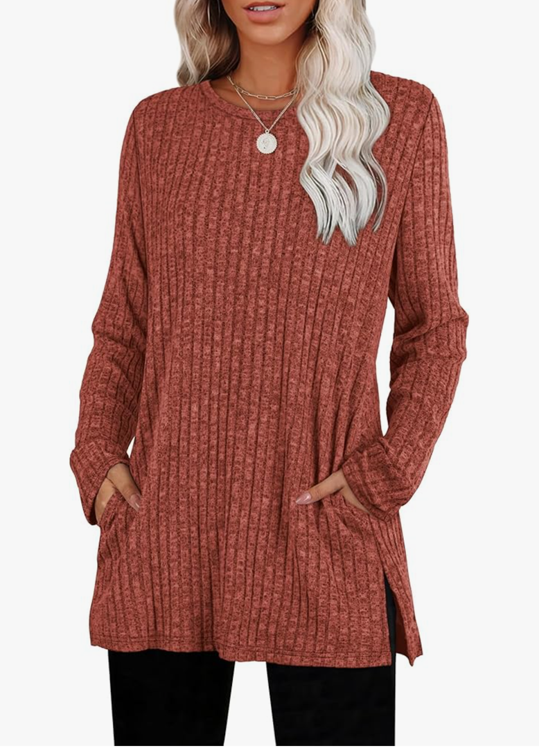 SAMPEEL Womens Sweaters Crewneck Long Sleeve Shirts with Pockets Fall Outfits 2025 Fashion Winter Clothing Side Slit, Size S